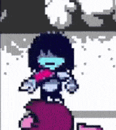 a pixel art of a person standing on top of a purple object in the snow .