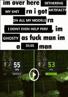 a screenshot of a video game with 55 fps and 53 fps displayed