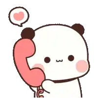 a cartoon panda bear is talking on a pink telephone .