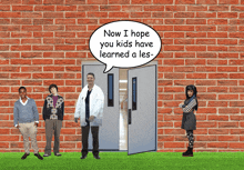 a group of people are standing in front of a brick wall with a speech bubble that says now