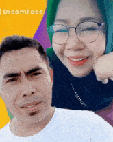 a man and a woman are posing for a picture with the words dreamface on the bottom right