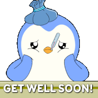 a cartoon penguin with a thermometer in its beak and the words get well soon