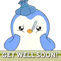 a cartoon penguin with a thermometer in its beak and the words get well soon