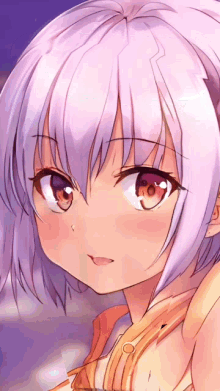 a close up of a anime girl with purple hair