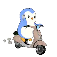 a penguin is riding a scooter and talking on a phone
