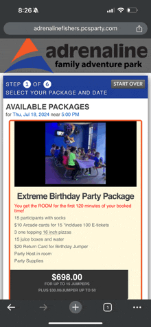 a phone screen shows an ad for an extreme birthday party package at adrenaline family adventure park