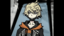 a drawing of a boy with a hoodie that says teroft jonib on it