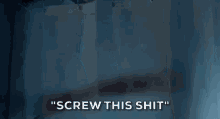 a woman is peeking out from behind a shower curtain in a bathroom and saying `` screw this shit '' .