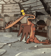 a cartoon drawing of a dragon with a large mouth and yellow eyes