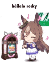 a cartoon of a girl dancing next to a jukebox with the words bailalo rocky on it .