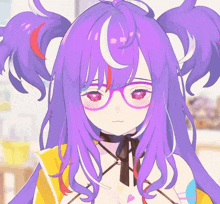 an anime girl with purple hair and red eyes