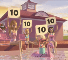 three barbie dolls holding up signs that say 10