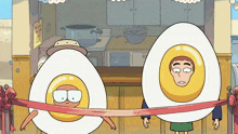 two cartoon characters dressed as eggs are standing next to a red ribbon