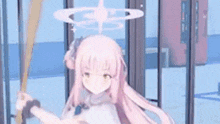 a pink haired anime girl is holding a baseball bat in a cage .