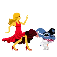 a cartoon of a woman in a red dress dancing next to stitch
