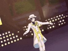a man wearing a white hat and a yellow scarf is standing in front of a yellow background .