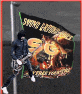 a man is playing a guitar in front of a flag that says sound beyond voice