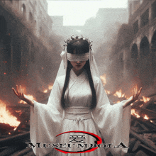a woman in a white dress with blindfolds stands in front of a burning building with the words museumbola written on the bottom