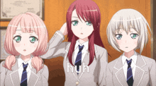three anime girls are standing next to each other and the word huh is on the bottom