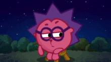 a cartoon hedgehog wearing glasses is standing in front of a starry night sky
