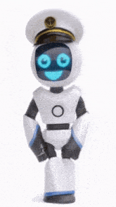 a robot wearing a captain 's hat is smiling
