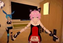 a girl with pink hair is wearing a red hoodie that says " door " on it