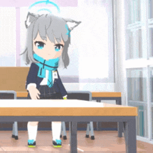 a girl with a cat ear is standing next to a desk