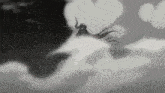 a black and white drawing of a demon with horns flying through the clouds .