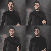 four pictures of a man with a beard and a black shirt