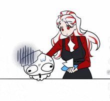 a cartoon of a woman holding a skull with a surprised look on her face