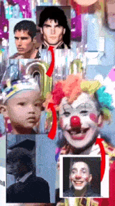 a collage of images including a clown and a child