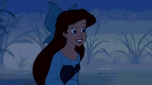 a cartoon girl in a blue dress with a blue bow on her head is standing in the water .