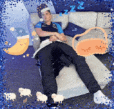 a man is sleeping on a couch with a sheep and a moon in the background