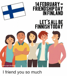 a group of people standing next to each other with the words let 's all be finnish today below them