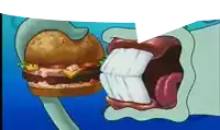 squidward from spongebob squarepants is eating a hamburger with his mouth open