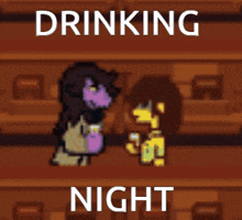 a pixel art of a man drinking from a glass with the words drinking night written below him