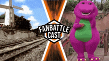a picture of a fan battle cast with barney