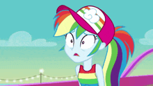 rainbow dash from my little pony equestria girls is wearing a baseball cap with a cloud on it