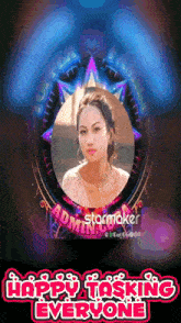 a picture of a woman in a frame with the words happy tasking everyone