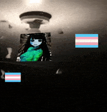 a picture of a girl in a green dress is surrounded by transgender flags .