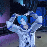 a blue haired anime character making a heart shape with his hands