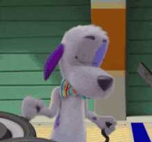 a cartoon dog with purple eyes and a bow tie