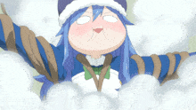 a cartoon character with blue hair and a white hat making a funny face
