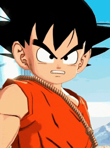 a close up of a cartoon character with an orange shirt