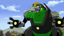 a cartoon drawing of a green and black robot with yellow eyes