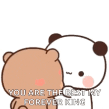 a panda bear is hugging another panda bear with a heart flying in the air .