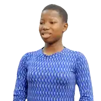 a woman wearing a blue shirt with a pattern on it is smiling