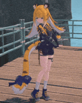 a girl with a long tail is standing on a dock