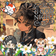 a picture of a girl with a cat and a tiger with the words good night on it