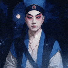 a painting of a man wearing a blue hat with a red circle on it
